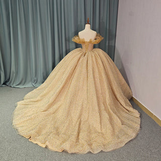 Luxury Off-Shoulder Ruched Empire Golden Quinceañera Dress