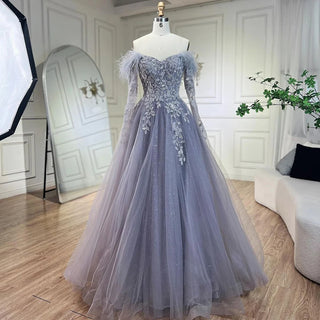 Arabic Lilac A-Line Cape Sleeves Feather Lace Beaded Evening Dress - For Women's Party 2024