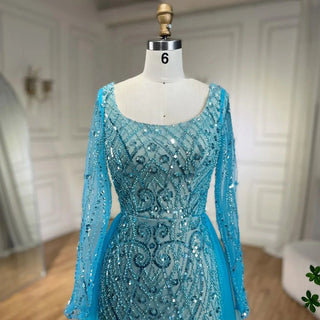 Blue Serenity: 2024 Muslim Elegant Mermaid Evening Dress with Overskirt - Beaded Gown for Women's Wedding Party