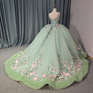 Fashion V-Neck Appliqued Flower Green Quinceañera Formal Gown