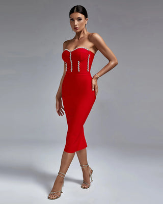 Ships in 1 to 3 Days - Scarlet Strapless Midi Dress with Crystal Embellishments