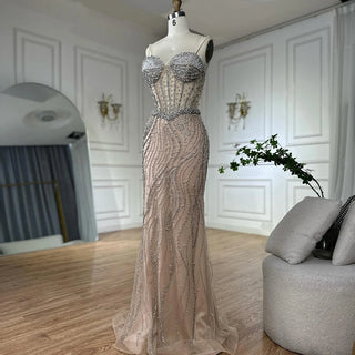 Elegant Spaghetti Strap Pearl Beaded Mermaid Evening Gown for Formal Occasion