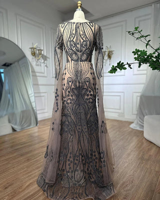 Brown Arabic Mermaid Elegant Cape Sleeves Evening Dresses Gowns 2024 Luxury Beaded for Women's Party