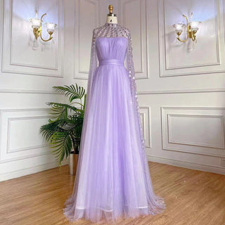 Purple Arabic A-Line Beaded Sexy Luxury Cape Sleeves High Neck Evening Dress - Women's Party Gown 2024