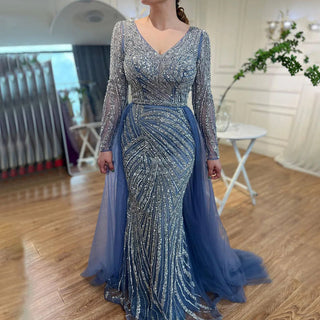 Ships in 1 to 3 Days - Sapphire Serenity: Elegant Beaded V-Neck Mermaid Gown in Blue Grey Party 2024