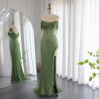 Ships in 1 to 3 Days - Arabic Green Crystal Luxury Dubai Evening Dresses Gowns High Slit Prom Dress for Women Wedding Party 2024