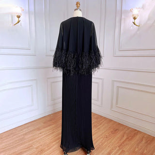 Black Mermaid Elegant Feather Cape Sleeves Morocco Evening Dress - 2024 Collection.