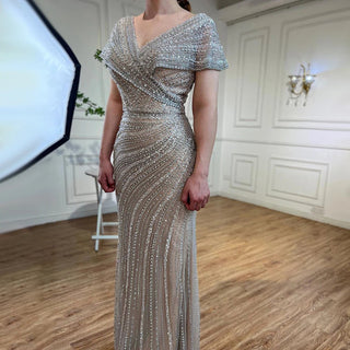 Ships in 1 to 3 Days - Silver Mermaid Elegant Evening Dress - Beaded Luxury Sparkle Gown for Women's Party 2024