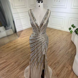 2024 Gold Mermaid Spaghetti Strap Side Slit Beaded Luxury Evening Dresses Gowns for Women Wedding Party