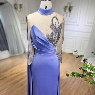 Arabic Blue Mermaid Elegant Cape Sleeves Beaded Satin Luxury Evening Dress - Women's Party 2024