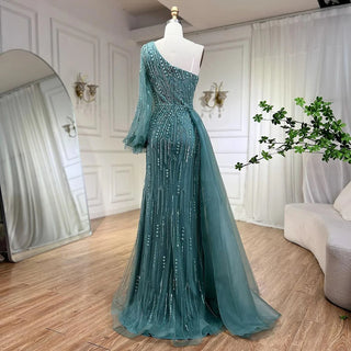 Arabic Blue Mermaid Evening Gown with Beaded Overskirt - Luxury Dress for Women's Wedding Party 2024