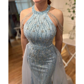 Chic Blue Halter Sleeveless Mermaid Elegant Overskirt Beaded Evening Gown - 2024 Formal Party Dress for Women