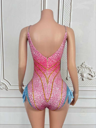 Vibrant Rhinestone Embellished Bodysuit with Fringe Detail