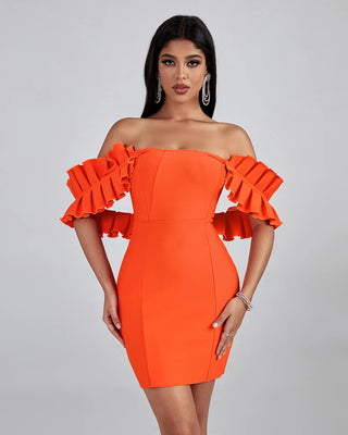 Elegant Ladies Cocktail Dress - Off-Shoulder Strapless Pleated Design Sleeves Bodycon Short Bandage Cocktail Dress