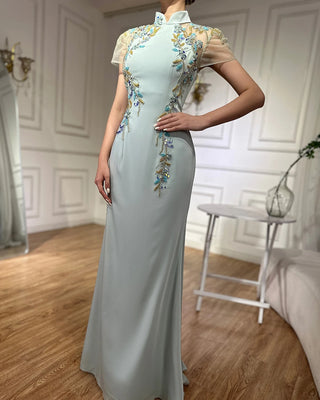 Mint Mermaid Beaded Satin Evening Dress with Corset for Formal Occasions