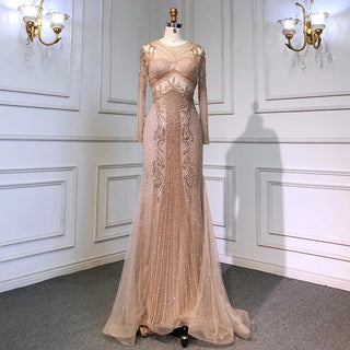 Ships in 1 to 3 Days - Nude Mermaid Prom Dress 2024 with Long Sleeves, Sparkling Sequined Beading - Luxury Elegance