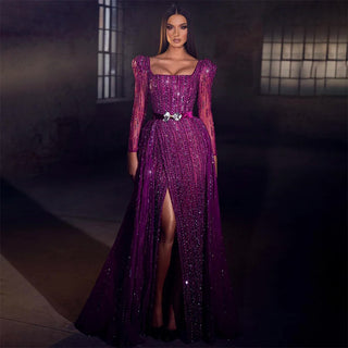 Dubai Fuchsia Elegance: Luxury Evening Dress with Long Sleeves, Overskirt, and Arabic-inspired Elegance for Women at Wedding Parties and Formal Events.