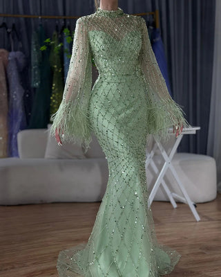 Ships in 1 to 3 Days - 2024 Saudi Caramel Mermaid Evening Dress - Illusion Cut Out Lace Beaded Feathers Gown for Formal Occasions