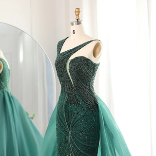 Luxury Emerald Green Evening Dress with Overskirt - Elegant One-Shoulder Women's Wedding Party Prom Formal Gown