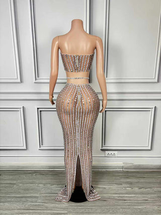 Crystal Encrusted Sheer Two-Piece EveninCrystal Encrusted Sheer Two-Piece Evening Gowng Gown