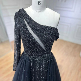 Ships in 1 to 3 Days - 2024 Black One-Shoulder With Overskirt Luxury Beaded Formal Occasion Evening Dresses Gowns for Women Party