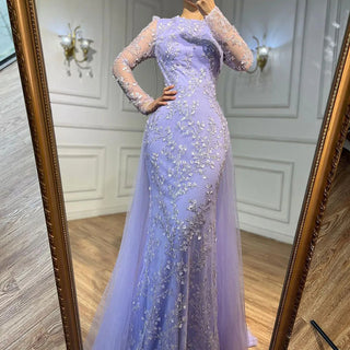 Ships in 1 to 3 Days - Blue Mermaid Elegant Evening Dress with Train - Beaded Luxury Arabic Gown for Women's Wedding Party 2024