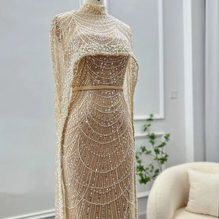 New for 2024: Luxury Champagne Dubai Evening Dresses with Pearls and Cape, Perfect for Arabic Women's Mermaid Wedding Party and Prom Dress