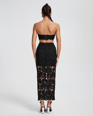 Ships in 1 to 3 Days -Elegant Black Strapless Lace Midi Dress with Sheer Detail