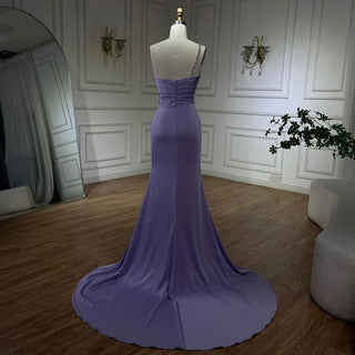 2024 Arabic Elegant Lilac Satin Mermaid Evening Dress - One Shoulder Beaded Women's Party Gown with High Slit