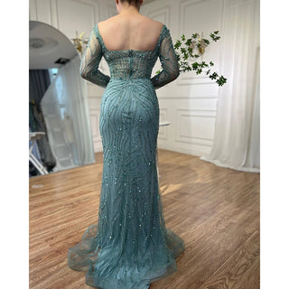 Ships in 1 to 3 Days - Arabic Turquoise Elegant Mermaid High Split Beaded Evening Dress: Gown for Women's Wedding Party 2024