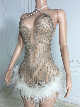 Ships in 1 to 3 Days - Glamorous Feather-Trimmed Beaded Cocktail Dress