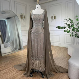 Caramel Mermaid Ankle-Length Evening Dress: 2024 Luxury Beaded Feather Gown for Women's Wedding Party