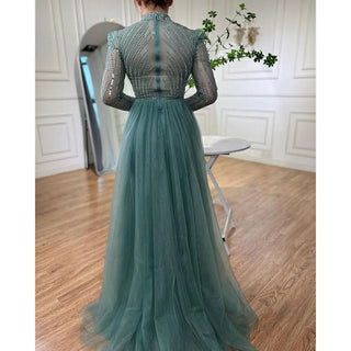 Turquoise Muslim Mermaid Evening Dress 2024 with Overskirt, Beaded Elegance - Ideal for Women's Wedding Party