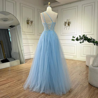 Arabic Blue Spaghetti Strap A-Line One Shoulder Beaded Luxury Evening Dresses Gowns for Women's Party 2024