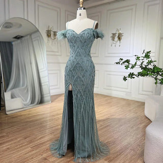 Nude Spaghetti Straps Elegant Mermaid Evening Gown 2024 with Luxury Beaded Feathers - Perfect for Women's Parties