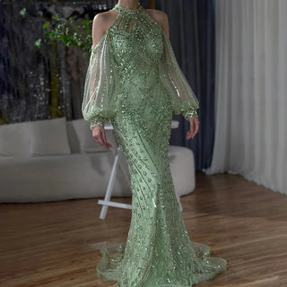 Ships in 1 to 3 Days - 2024 Elegant Sage Green Halter Neck Beaded Luxury Mermaid Evening Dress for Formal Occasions - Saudi