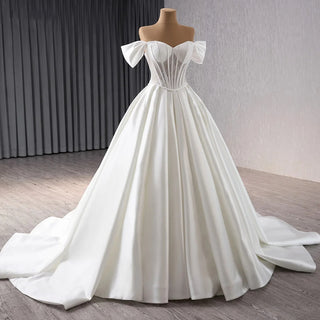 Gorgeous Satin Off-Shoulder Ball Gown Wedding Dress for Girls