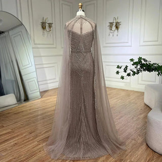 Ships in 1 to 3 Days - Arabic Caramel Elegant Mermaid Evening Dress with Cape Sleeves - Beaded Celebrity Gown for Women's Party