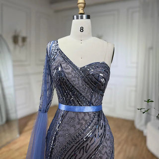 2024 Blue Mermaid One Shoulder Elegant Cap Sleeve Beaded Evening Dress Gown for Women Wedding Party