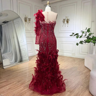 Ships in 1 to 3 Days - Arabic Wine Red Mermaid Luxury Evening Dress with Feathers and Beading - Elegant Gown for Women Wedding Party 2024