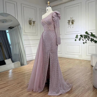 Arabic Pink Mermaid Elegant One Shoulder Beaded Luxury Evening Dresses Gowns For Women Wedding Party 2024