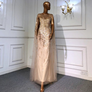 Luxury Gold Cape Sleeves A-Line Evening Gown 2024: Beaded for Women's Wedding Party