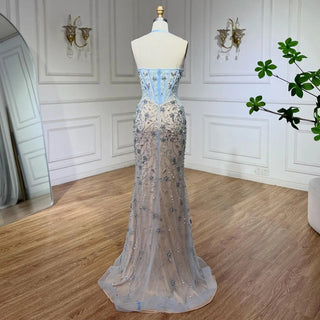 Ships in 1 to 3 Days - Dubai Blue Mermaid Luxury Beaded Spaghetti Strap Arabic Evening Dress: Gowns for Women's Wedding Party