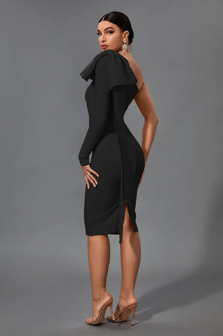 Black One-Shoulder Asymmetric Bodycon Midi Dress for Women 2024