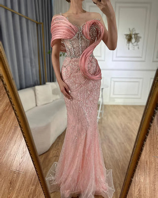 Pink Mermaid One-Shoulder Beaded Cut-Out Evening Dress Gown for Wedding Party