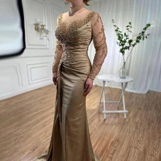 2024 Rose Gold Long Sleeve High Neck Mermaid Evening Gown with Side Skirt: Stain Elegance for Women's Party Glamour