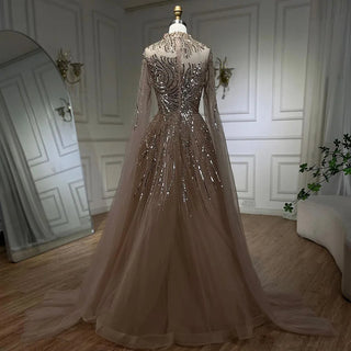 Caramel Dream: 2024 Luxury Evening Dress with Cape Sleeves - A-Line Beaded Lace Gown for Women's Wedding Party