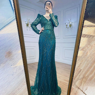 Emerald Allure: Elegant Green V-Neck Mermaid Evening Gown with Beading - 2024 Arabic Luxury