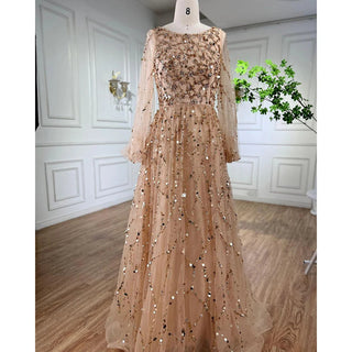 Muslim Green A-Line Luxury Evening Dress 2024: O-Neck, Puff Sleeves, Beaded, for Woman Party