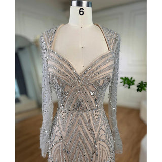 Ships in 1 to 3 Days - Arabic Silver Nude Long Sleeves Beaded Dubai Mermaid Evening Gown 2024: Elegant Party Dress for Women